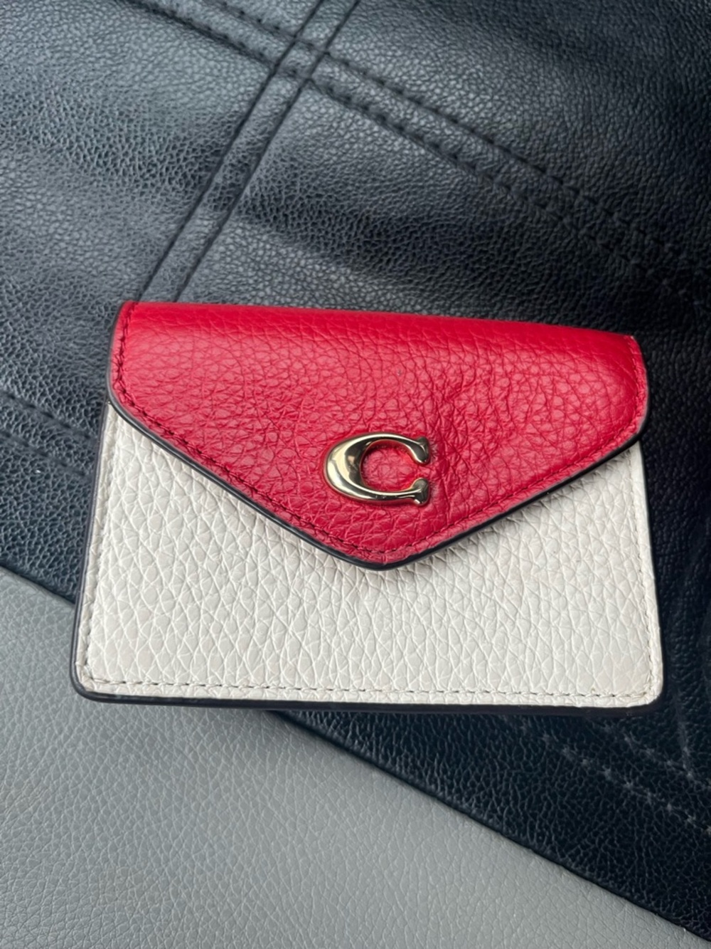 Coach Two-Tone Red and White Leather Card Holder with Gold 'C'